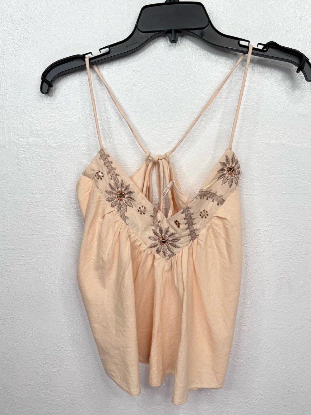 Free People Open Tie Back Tank Top  M Beige Peach Floral Embroidered Boho V-Neck
